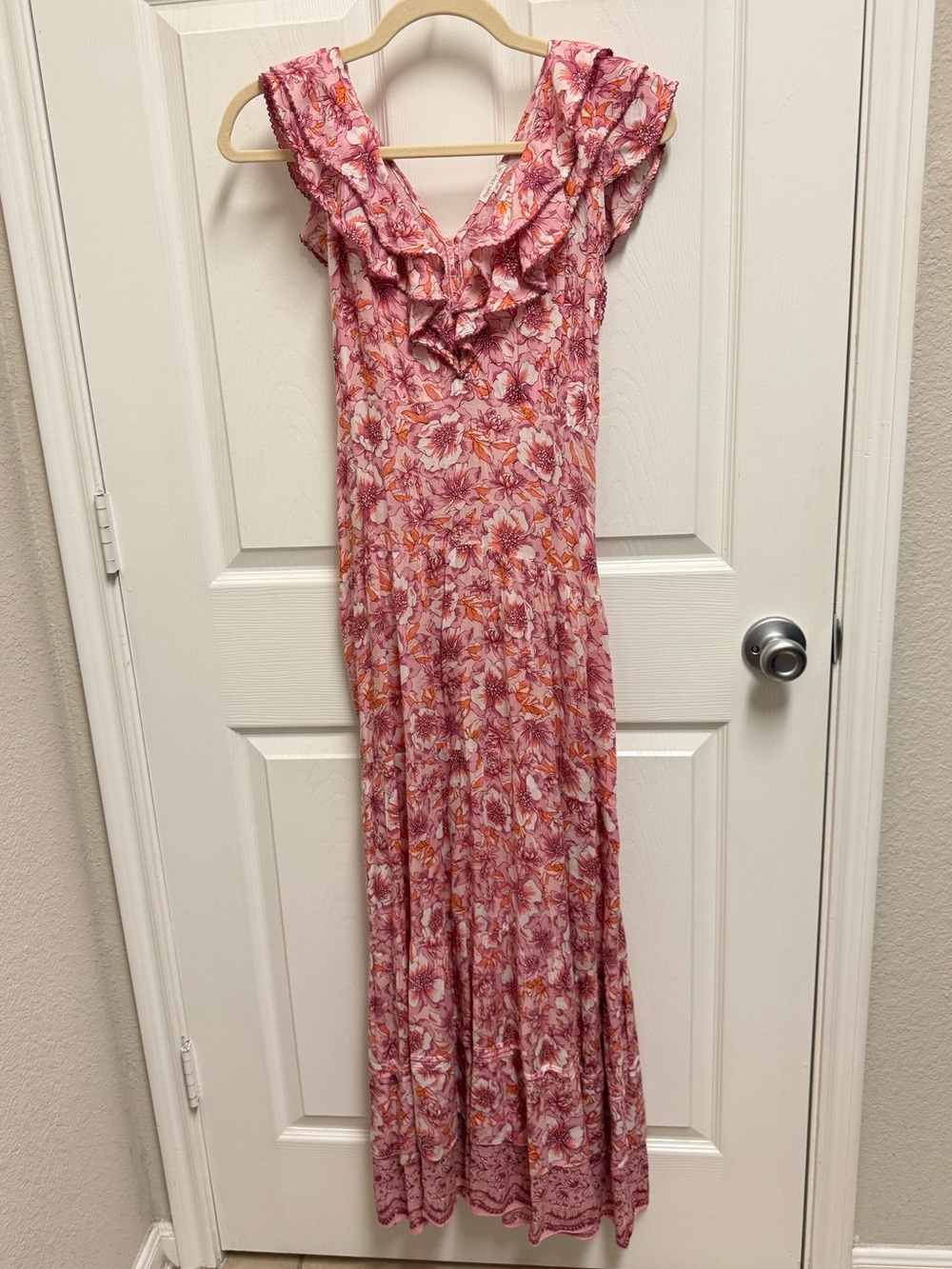 Poupette St. Barth Pink Floral Ruffle V-Neck Maxi Dress